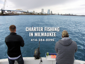 Charter fishing on Lake Michigan with skyline